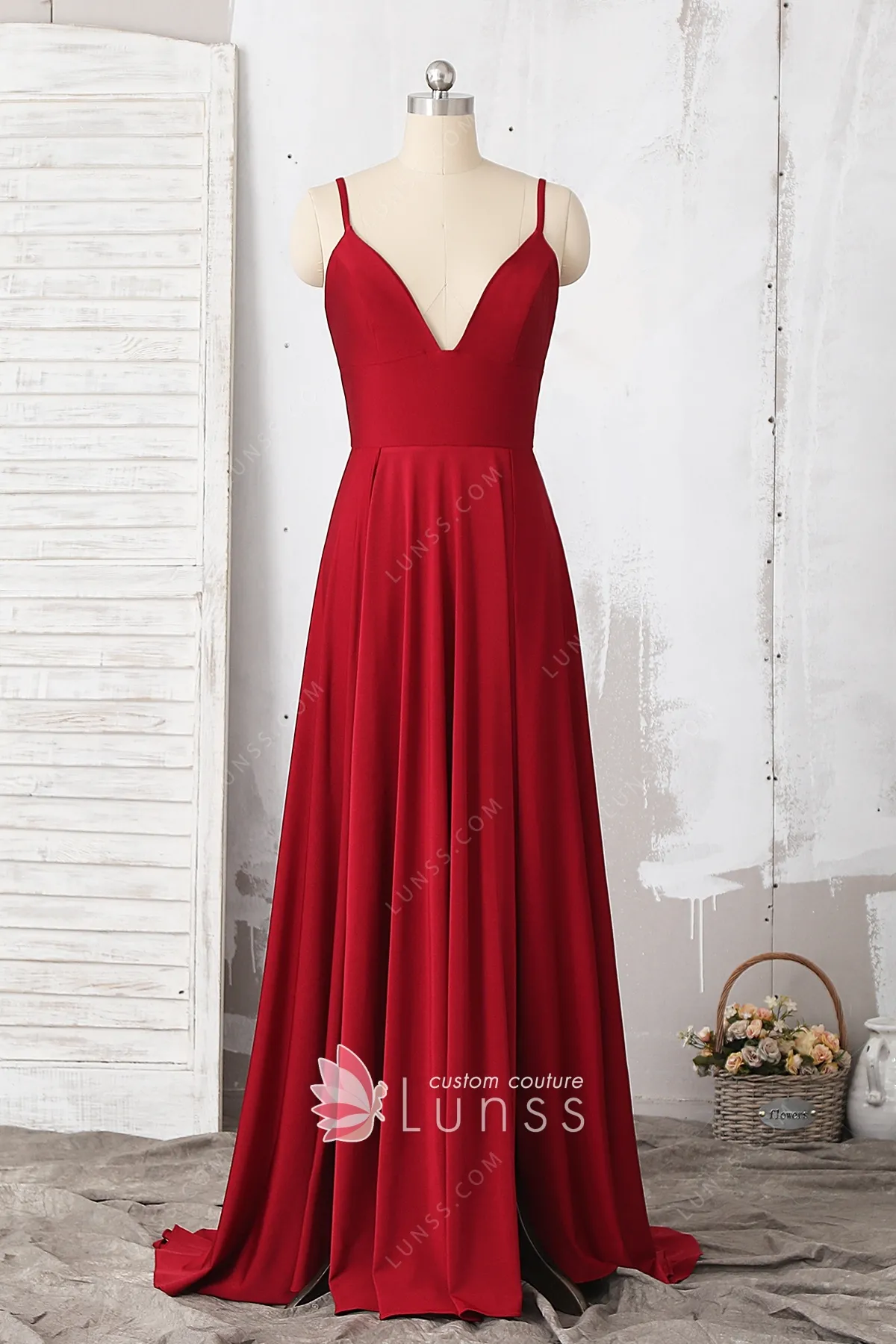 Ruby Red Spandex Strap Vneck Slit Aline Prom Dress Lunss