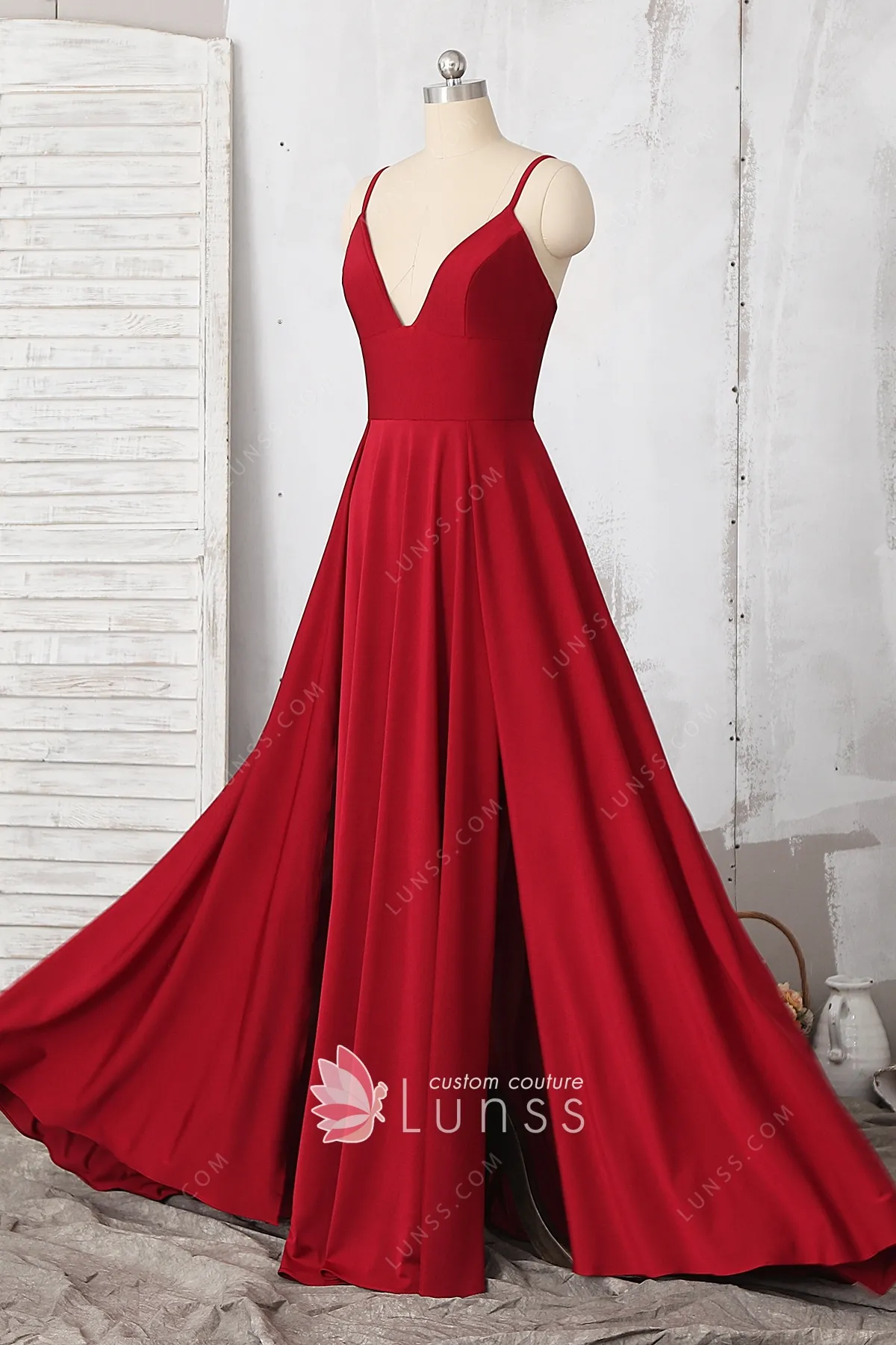 Ruby Red Spandex Strap Vneck Slit Aline Prom Dress Lunss
