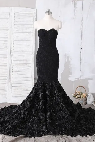 black strapless 3d rose long train mermaid prom dress