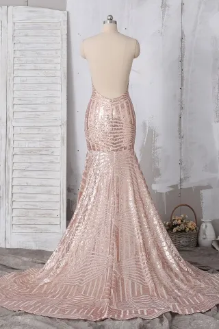 backless rose gold sequin mermaid long train prom dress