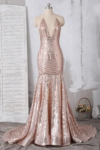 rose gold sequin halter neck backless mermaid prom dress