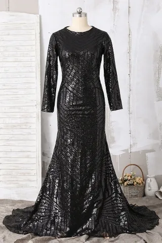 black long sleeve stripe pattern sequin mermaid prom gown