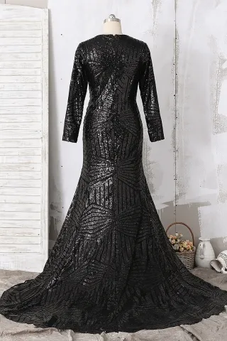 black sequin long sleeve closed back prom dress