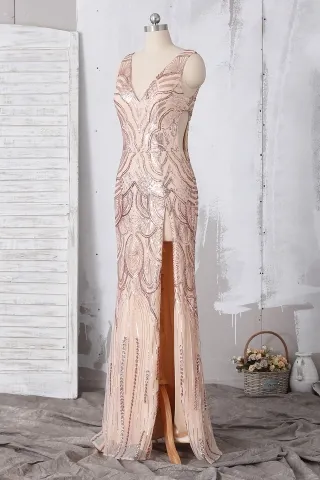 rose gold unique sequin slit prom dress