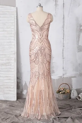sleeveless V back rose gold sequin long prom dress