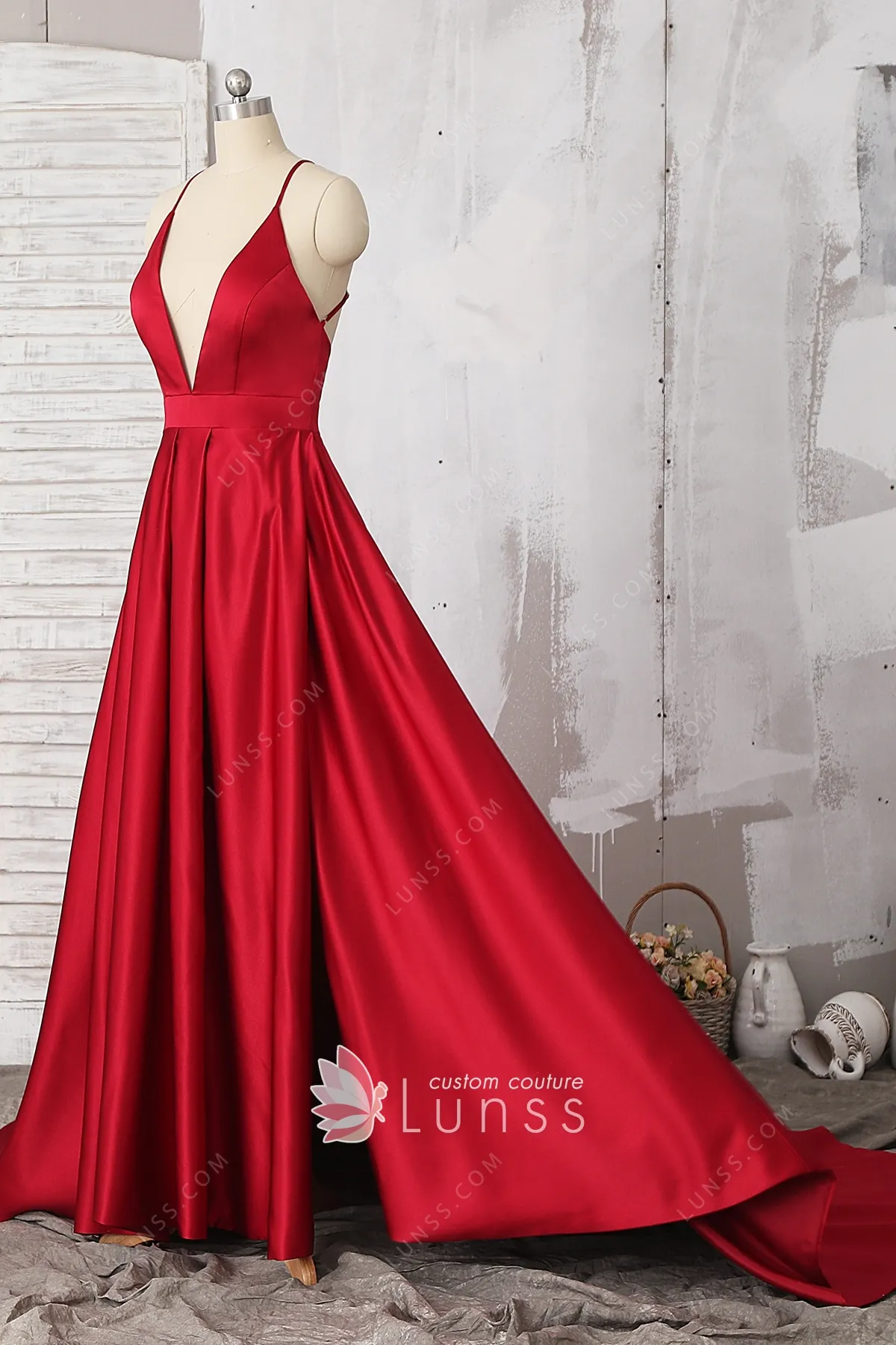 Red Satin Plunging V-neck Long Train A-line Prom Dress - Lunss