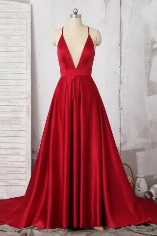 red satin plunging v neck long train a line prom dress