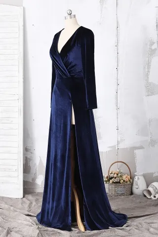 long sleeve navy velvet high slit dress