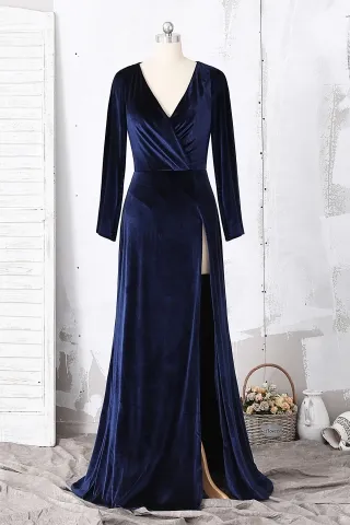 long sleeve v neck navy velvet high slit evening dress