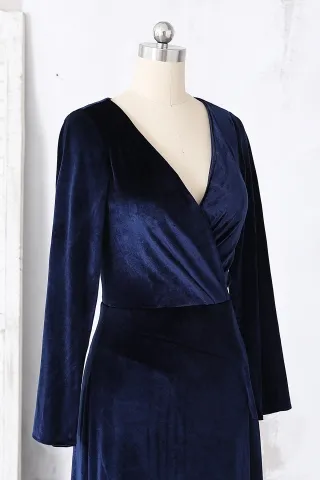 navy velvet V neckline long sleeve dress