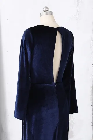 navy velvet keyhole back long sleeve dress