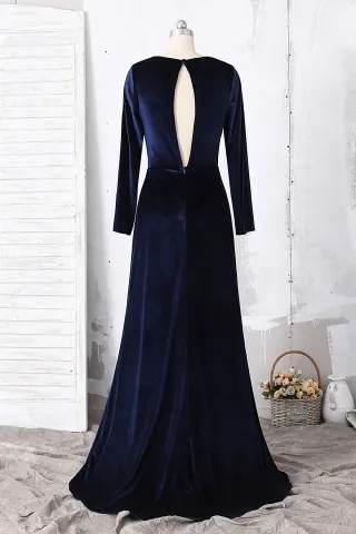 navy velvet long sleeve keyhole open back evening dress
