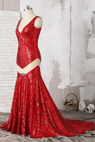 red sequin sheer mermaid prom dress