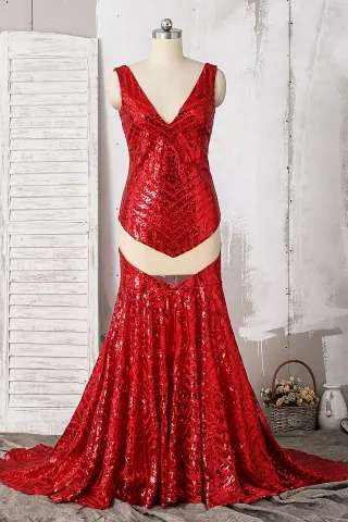 red striped sequin v neck sheer mermaid long prom dress