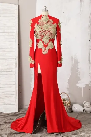 flower gold lace appliqued red mermaid long formal dress