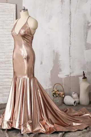 shiny bronze gold stretch prom dress