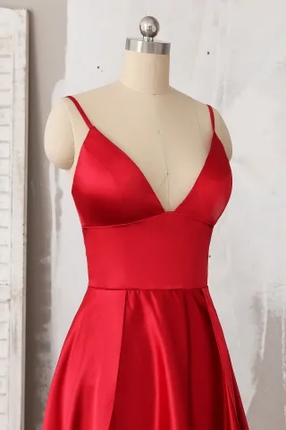 deep V neckline with straps red dress