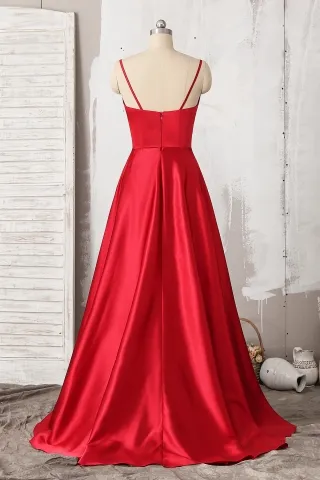 red satin floor length A line simple dress