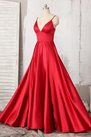 red satin v neck a line prom dress