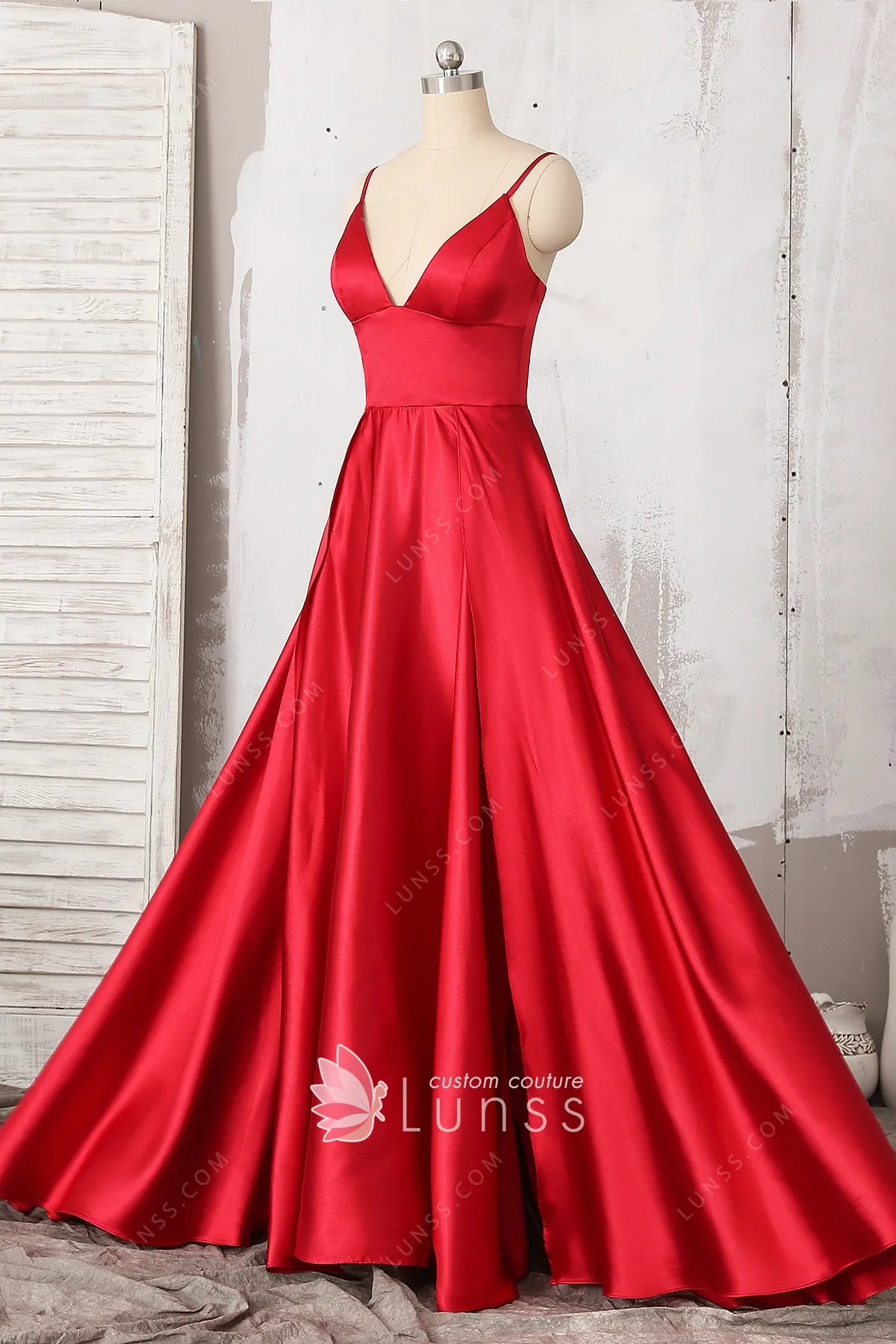 Simple Red Satin Vneck Aline Floor Length Prom Dress Lunss