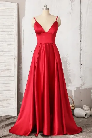 simple red satin v neck a line floor length prom dress