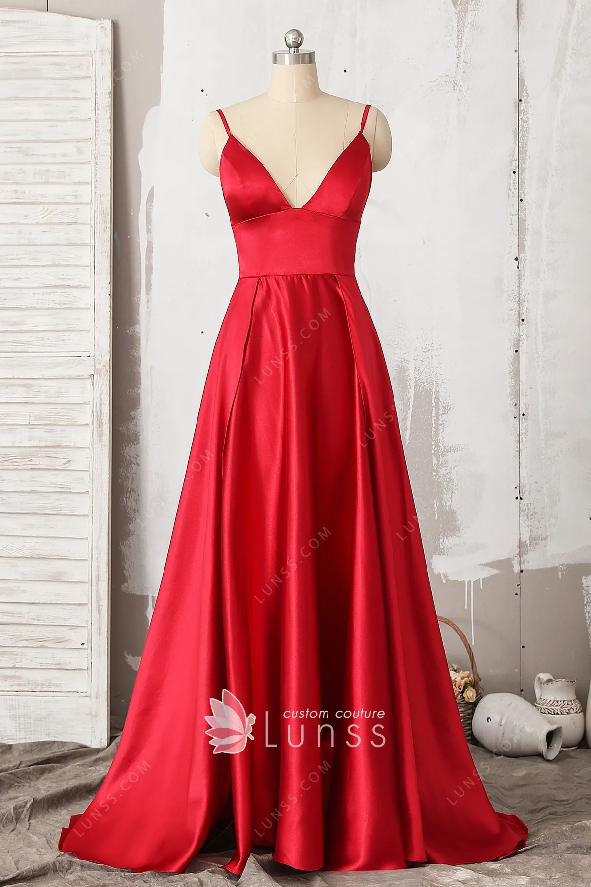 red satin v neck dress