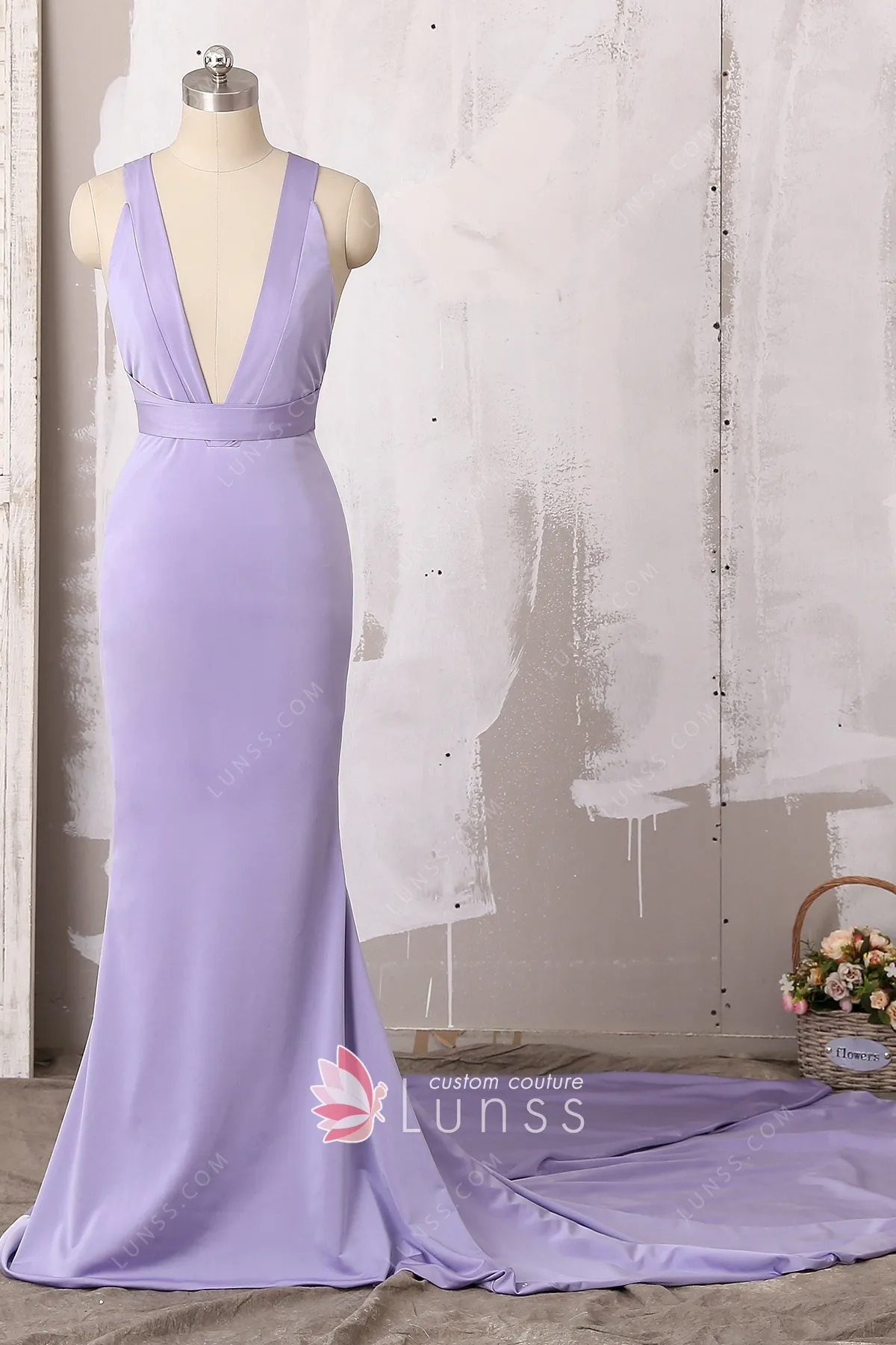 Plunging V-Neck Long Sleeve Velvet Dress Lilac