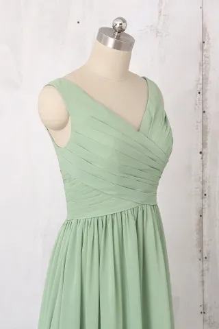 criss cross pleated V neck sage dress