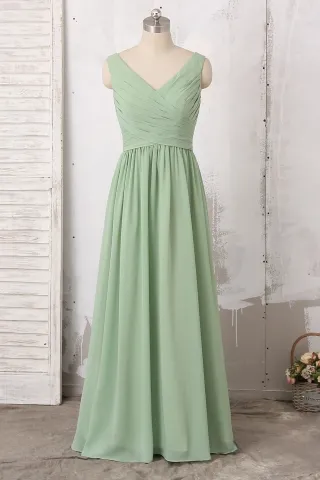Pleated Bodice Chiffon Long Dresses with Slit Sage