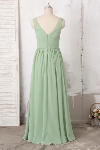 sage chiffon V back A line long bridesmaid dress