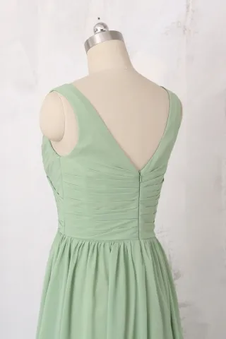 sage chiffon sleeveless V back dress