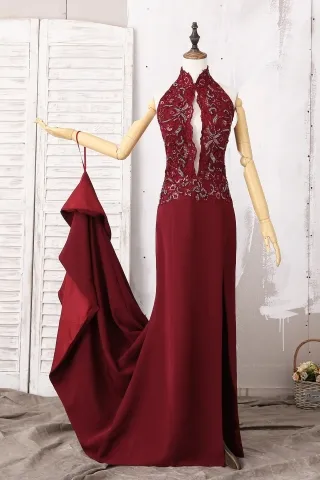 vintage sequinned lace burgundy high neck mermaid dress