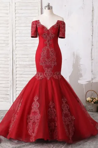 vintage beaded lace appliqued dark red trumpet long gown