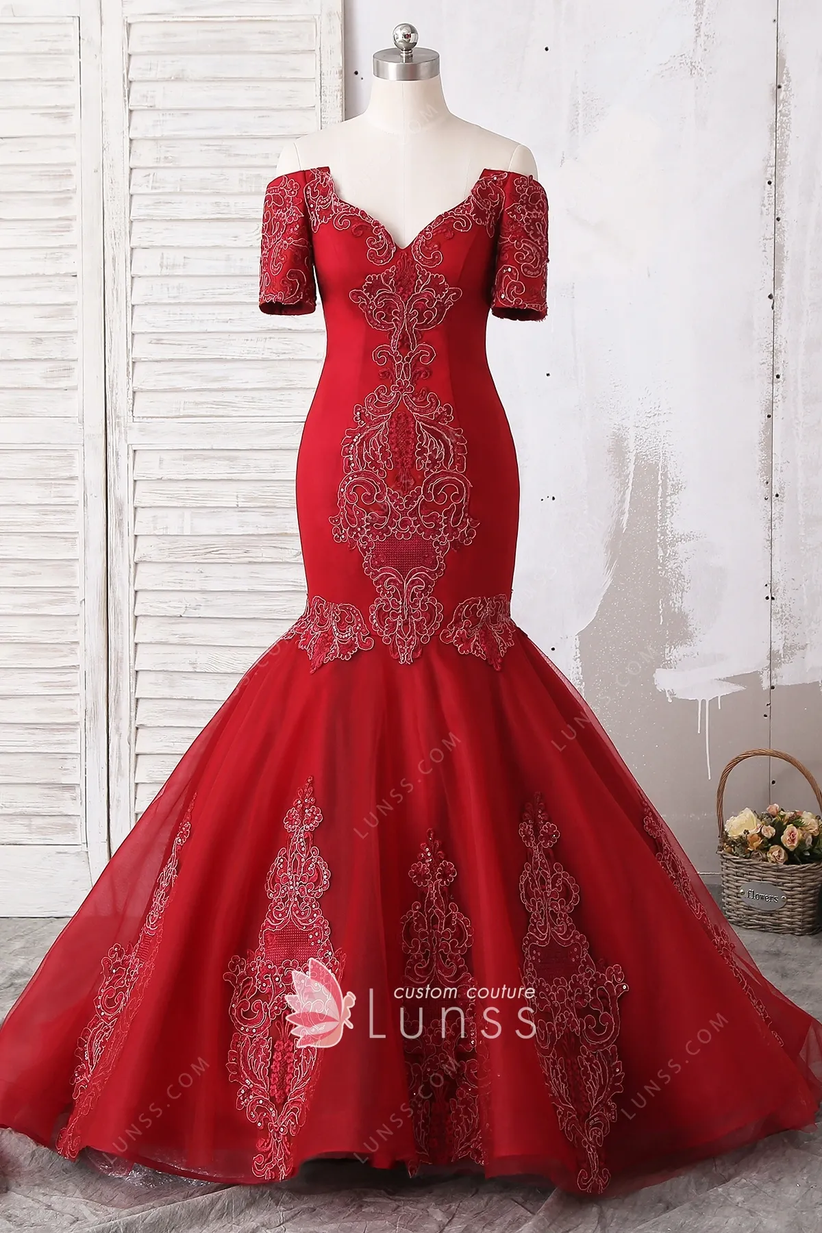 Lace Appliqued And Beaded Long Dresses Rust