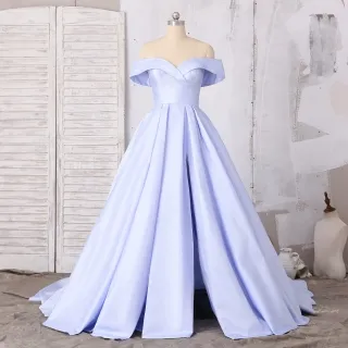lavender satin off shoulder prom dress