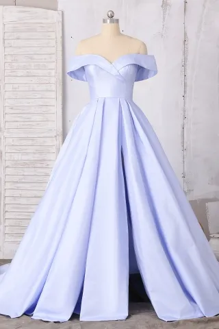 popular lavender satin off the shoulder slit prom dress
