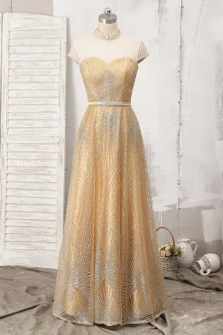 sparkly glitter overlay cap sleeve high neck gold dress
