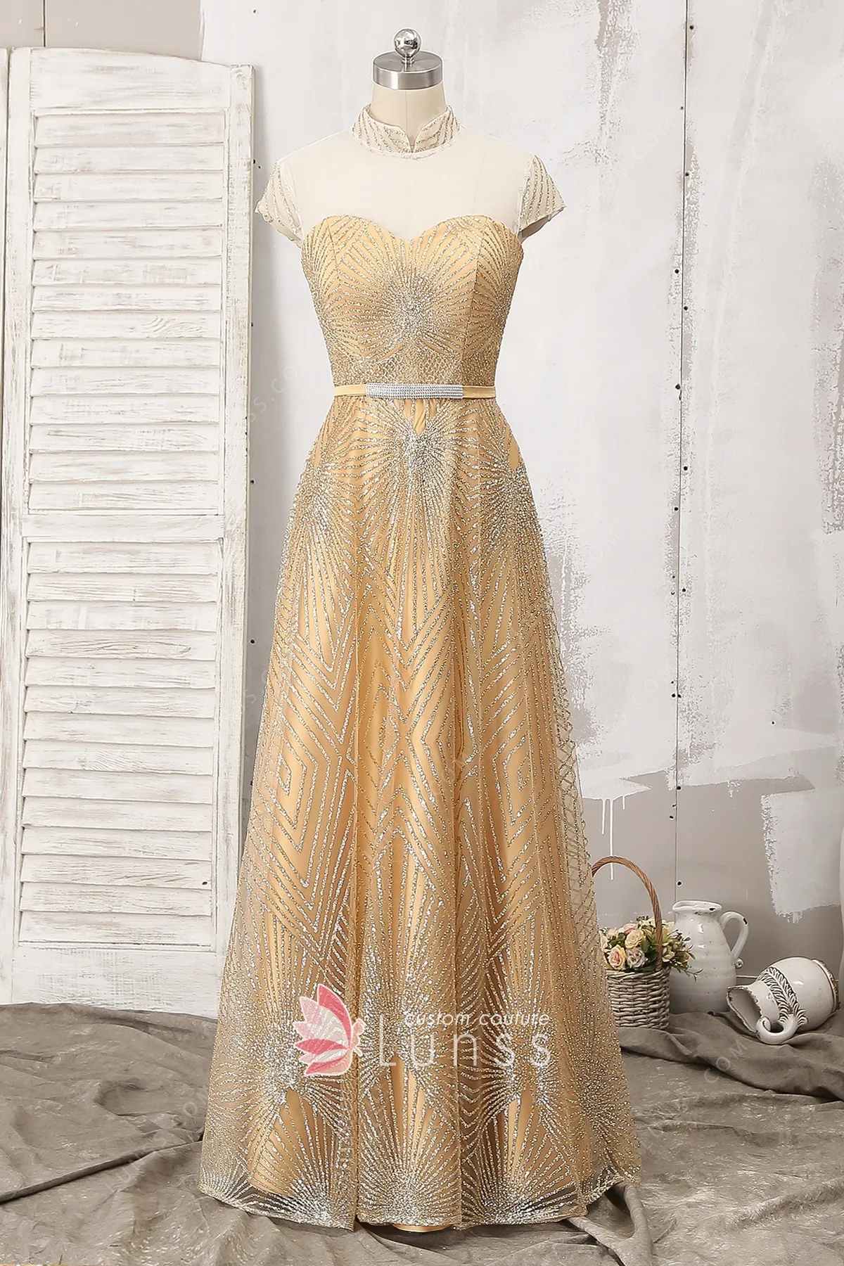 Sparkly Glitter Overlay Cap Sleeve High 