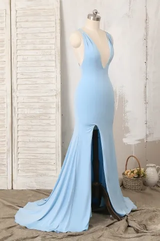 sexy ice blue plunging neck slit dress