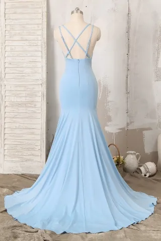 straps low back ice blue prom dress with a train