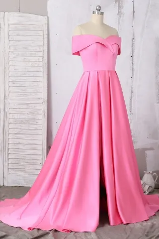 candy pink off the shoulder prom gown
