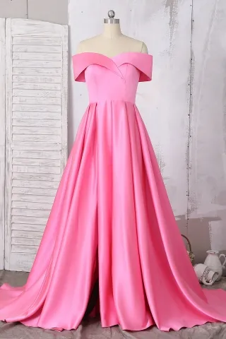 charming candy pink off the shoulder satin slit prom gown