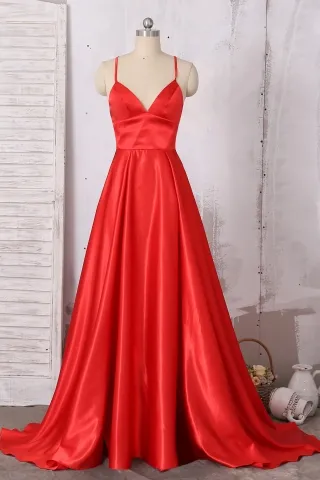 red strap low back v neck long satin prom evening dress