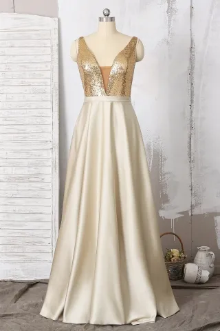 gold sequin plunging neckline a line satin prom dress