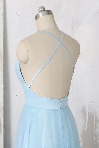 low back sky blue prom dress