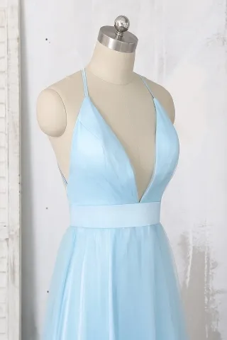 plunging neckline sky blue tulle overlay sexy prom dress