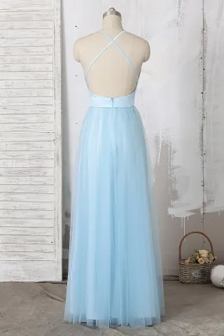 sky blue satin and tulle low back prom dress