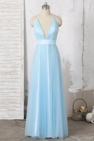 sky blue tulle overlay sexy plunging neckline prom dress