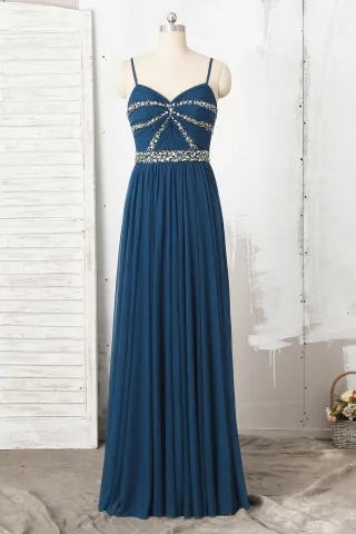 beaded ink blue chiffon pleated long bridesmaid dress
