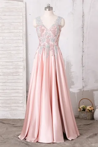 unique gray lace mixed blushing pink satin prom dress